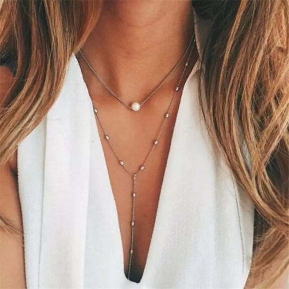 “Seaside Escape” Pearl Bead Layered Boho Necklace - Picture 2 of 7